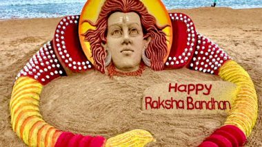 India News | Sudarsan Pattnaik Crafts Lord Shiva on Rakhi Sand Sculpture on Occasion of Raksha Bandhan at Puri Beach