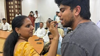 India News | K Kavitha Welcomed with Sweets by Her Son, Brother KTR After Coming out of Tihar Jail