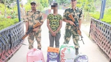 India News | West Bengal: BSF Arrests Smuggler with 40 Kg Ganja, 150 Bottles of Prohibited Cough Syrup in Cooch Behar