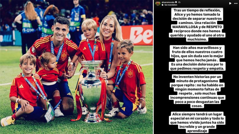 Spain’s UEFA Euro 2024-Winning Captain Alvaro Morata Announces Separation From His Wife Alice Campello