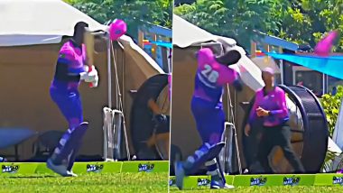 Carlos Brathwaite Vents Out Anger As He Smashes His Helmet Out of the Park With the Bat After Controversial Dismissal During MAX60 2024 (Watch Video)