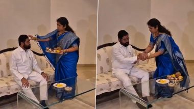 Raksha Bandhan 2024: Maharashtra CM Eknath Shinde Celebrates Rakshabandhan As His Sister Sunita Salunkhe Ties Him Rakhi in Mumbai (Watch Video)