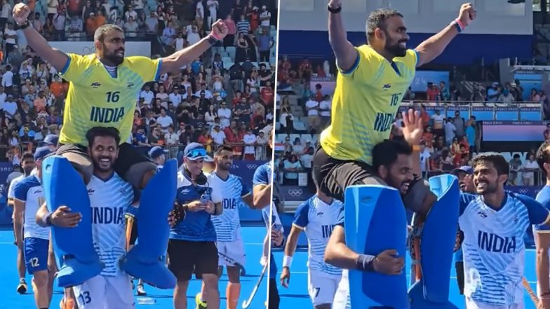 Harmanpreet Singh Carries Retiring PR Sreejesh on His Shoulders After Indian Men’s Hockey Team’s Bronze Medal Win at Paris Olympics 2024 (Watch Video)