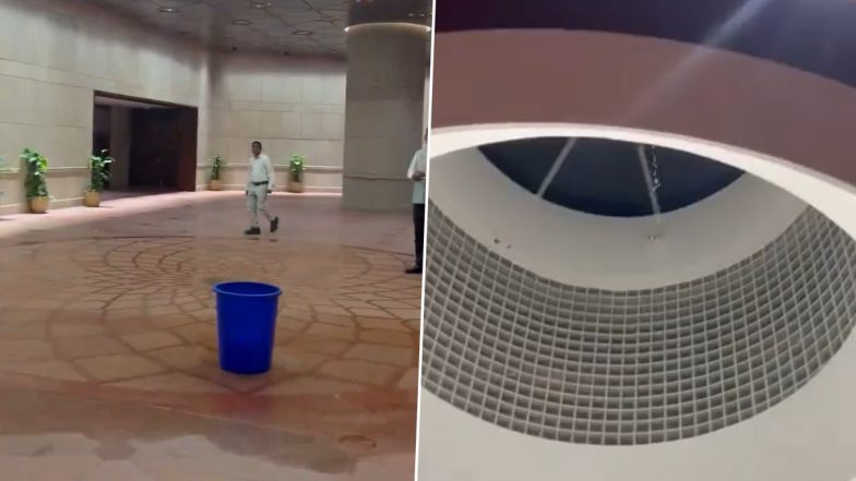 New Parliament Building Leaking? MPs Share Video of Water Leakage in Parliament Lobby, Manickam Tagore Moves Adjournment Motion Over Issue