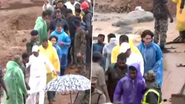 Wayanad Landslide Tragedy: Congress Leader Rahul Gandhi Reaches His Constituency in Kerala, Takes Stock of Landslide-Hit Chooramala Along With Priyanka Gandhi (Watch Video)