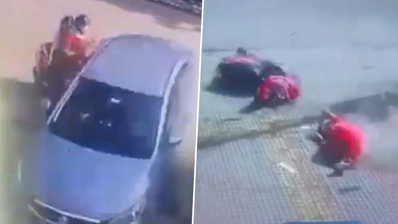 Horrific Accident Caught on Camera in Kanpur: Woman Dies, Daughter Severely Injured After Minor Performing Stunt in Car Hits Scooter at High Speed; Video Surfaces