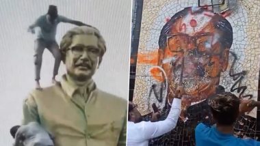 Bangladesh Crisis: Statue of Sheikh Hasina's Father Sheikh Mujibur Rahman Vandalised By Protesters; Video Surfaces