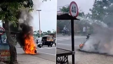 Haldwani: Narrow Escape for Scooter Rider as 2-Wheeler Catches Fire on Road, Video Shows Vehicle Burnt to Ashes