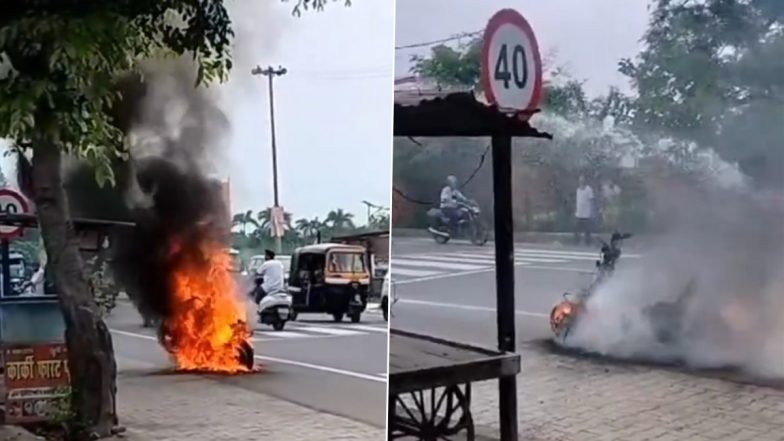 Haldwani: Narrow Escape for Scooter Rider as 2-Wheeler Catches Fire on Road, Video Shows Vehicle Burnt to Ashes