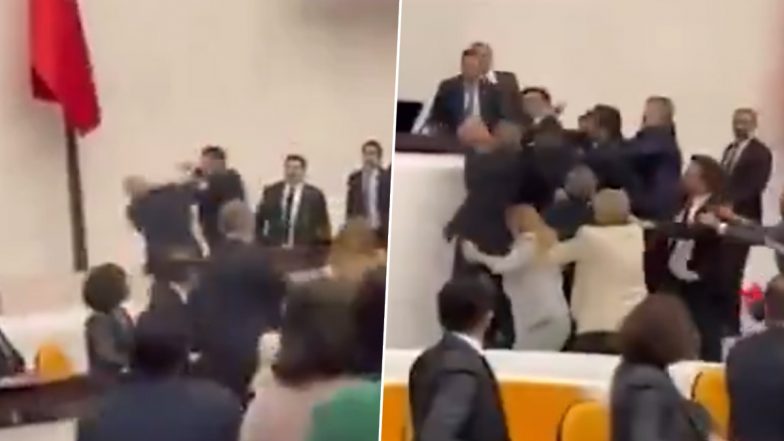 Brawl in Turkish Parliament: Chaos Erupts as Fistfight Breaks Out Between MPs During Debate on Jailed Opposition Lawmaker, 3 Injured (Watch Videos)