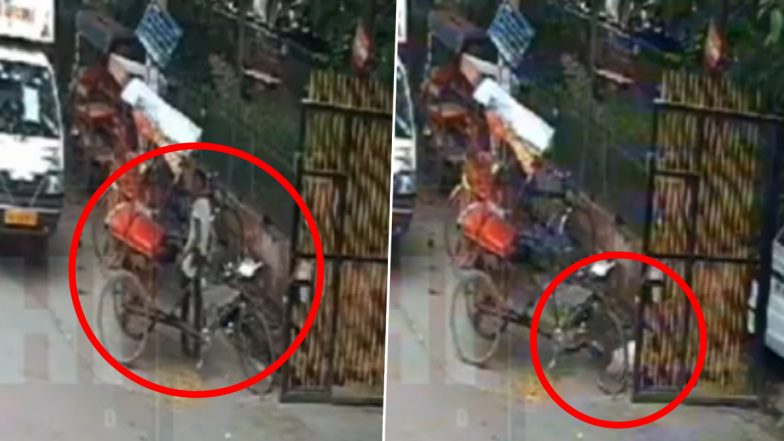 Sudden Death Caught on Camera in Delhi: Rickshaw Puller Collapses Due to Heart Attack, Falls Into Open Drain in Paschim Vihar; Dies (Watch Video)