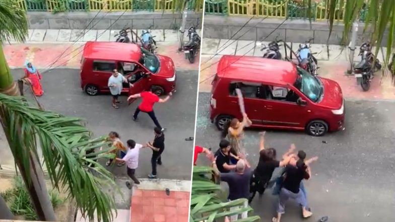 Noida: 2 Families Clash Over Parking Dispute, Viral Video Shows Men Vandalising Car With Cricket Bat and Sticks; 6 Arrested