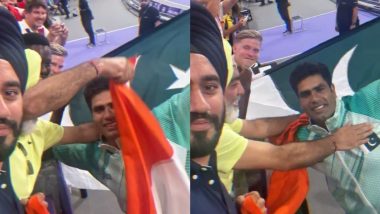 Arshad Nadeem Showcases Heartfelt Gesture As He Hugs Indian Fans in Stadium After Winning Gold Medal in Men’s Javelin Throw Event at Paris Olympics 2024 (Watch Video)