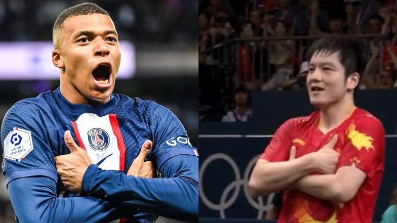 Chinese Paddler Fan Zhendong Performs Kylian Mbappe’s Trademark Celebration During China vs Sweden Men’s Team Table Tennis Gold Medal Match at Paris Olympics 2024 (See Pic)