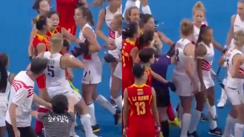 Ugly Brawl Occurs During China vs Belgium Women’s Hockey Semi-Final at Paris Olympics 2024 As Chinese Midfielder Fan Yunxia Smashes Ball in Frustration Towards Belgian Star Delphine-Daphne Marien (Watch Video)