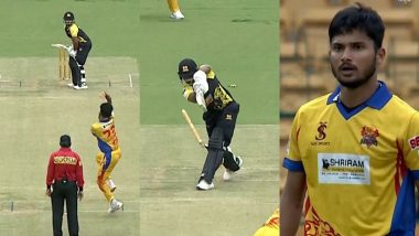 Abhilash Shetty Bowls a Beautiful Inswinger To Clean Bowl Nihal UIlal During Shivamogga Lions vs Mangalore Dragons Maharaja Trophy 2024 (Watch Video)