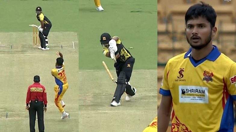 Abhilash Shetty Bowls a Beautiful Inswinger To Clean Bowl Nihal UIlal During Shivamogga Lions vs Mangalore Dragons Maharaja Trophy 2024 (Watch Video)