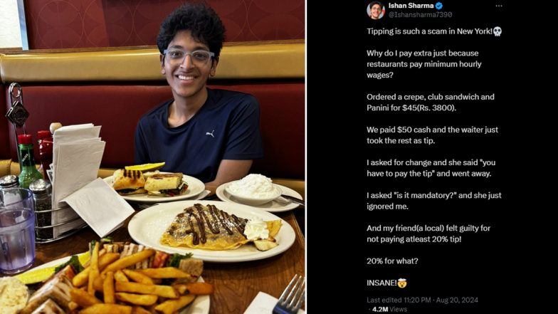 YouTuber Ishan Sharma Sparks Online Debate After Calling US Tipping Culture a ‘Scam,’ Claims New York Restaurant Waitress Kept His Balance Amount As Tip