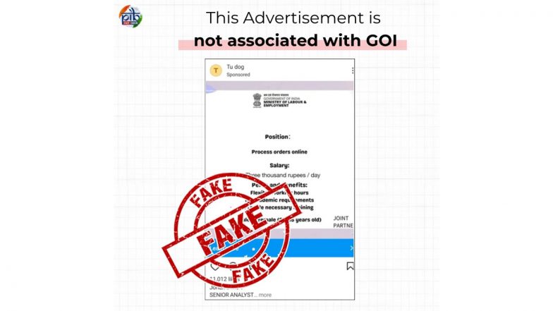 Labour Ministry Offering Employment Opportunities With Salary and Perks? PIB Fact Check Reveals Truth About Fake Advertisement Going Viral on Instagram