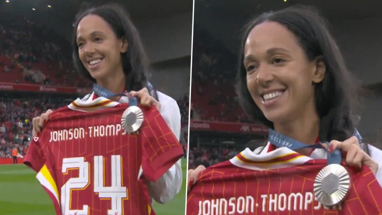 Paris Olympics 2024 Silver Medallist Katarina Johnson Thompson Receives Special Liverpool Jersey With Her Name at Anfield (Watch Video)