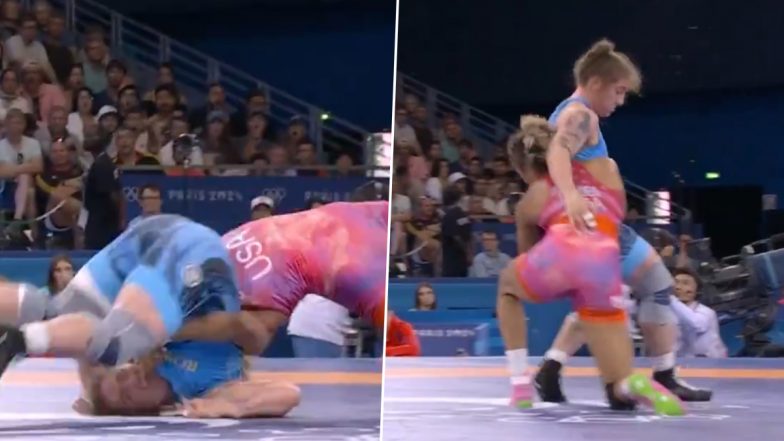 Romanian Catalina Axente Stretchered Off With Neck Injury After USA's Kennedy Blades Hits Her With German Supplex in Paris Olympics 2024; Tejaswin Shankar Calls It 'Indradhanush Dao' From Bollywood Movie Dangal