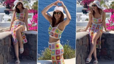 Kriti Sanon Turns Heads in Vibrant Crocheted Cropped Top and Skirt With Thigh-High Slit While Holidaying in Stunning Greek Island Santorini