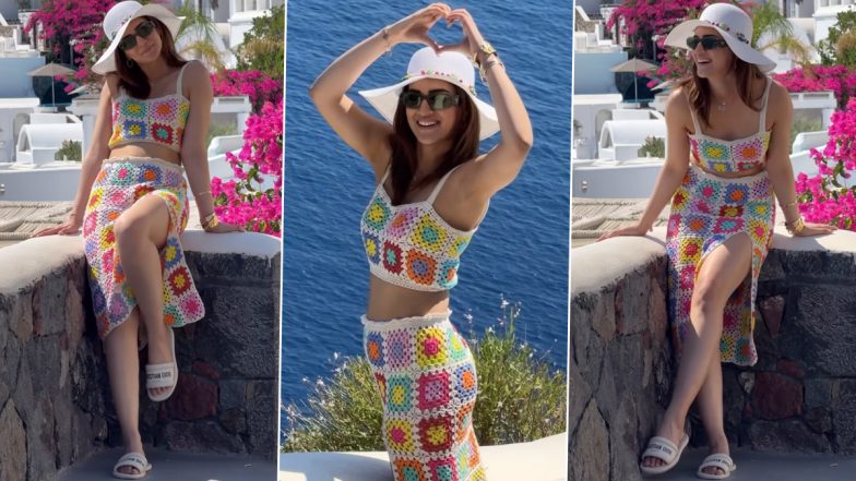 Kriti Sanon Turns Heads in a Vibrant Crocheted Cropped Top and Skirt With Thigh-High Slit While Holidaying on the Stunning Greek Island, Santorini