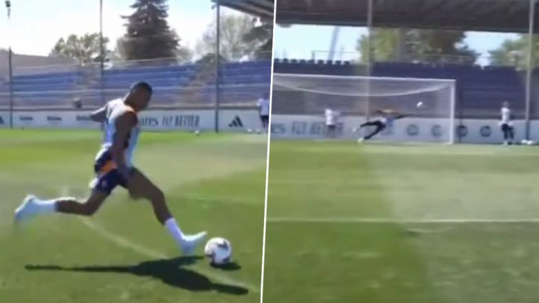 Kylian Mbappe Scores Stunning Long Ranger in Real Madrid Practice, Tells Teammates 'I Can Score a Free Kick' Ahead of LaLiga 2024-25 Match Against Mallorca (Watch Video)