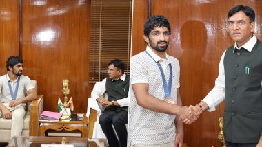 Mansukh Mandaviya Felicitates Paris Olympics 2024 Bronze Medallist Wrestler Aman Sehrawat