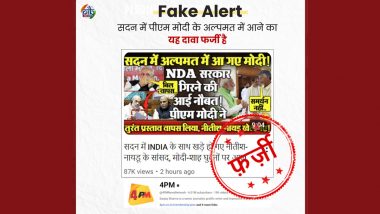 PM Narendra Modi-Led NDA Government Has Lost Majority After Nitish Kumar and Chandrababu Naidu Joined INDIA Bloc? PIB Fact Check Debunks Fake News Displaying on YouTube Channel’s Video Thumbnail