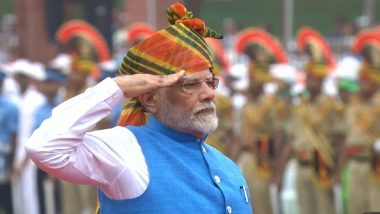 PM Narendra Modi Sports Multicoloured Rajasthani Leheriya Print Turban, Light Blue Bandhgala Jacket for 78th Independence Day Celebrations (See Pics)