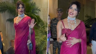 Priyanka Chopra Clicked at Her Brother Siddharth Chopra’s Wedding Festivities; Actress Turns Heads in a Gorgeous Magenta Saree (Watch Video)