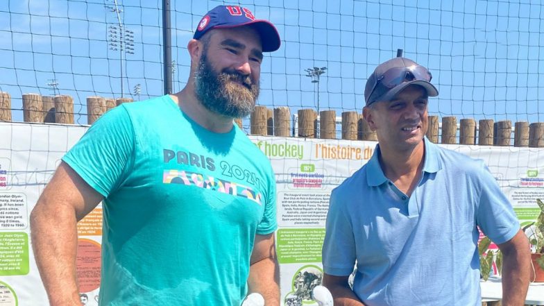 Ex-Team India Head Coach Rahul Dravid Meets NFL Star Jason Kelce During India vs Argentina Men’s Hockey Match at Paris Olympics 2024 (See Pic)