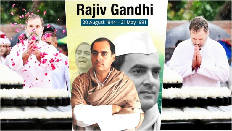 'Papa, Your Dreams for India Are My Own' Rahul Gandhi Pays Floral Tribute to Rajiv Gandhi on His 80th Birth Anniversary, Shares Photos From Veer Bhumi