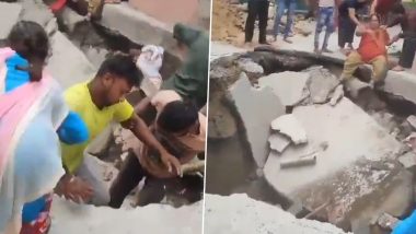 Uttar Pradesh: 5 Including Councillor Injured After Road Caves In While Officials Check Civil Lines Over Water Supply Complaints in Saharanpur, Disturbing Video Surfaces