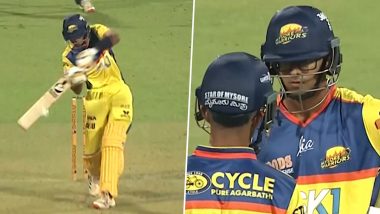 Samit Dravid Six Video: Watch Rahul Dravid’s Son Smash a Maximum During Mysuru Warriors vs Bengaluru Blasters Maharaja Trophy T20 2024