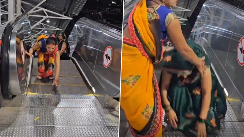 Two Saree-Clad Women Walk on All Fours Nervously on Escalator, Viral Video Attracts Funny Memes and Empathetic Reactions From Netizens