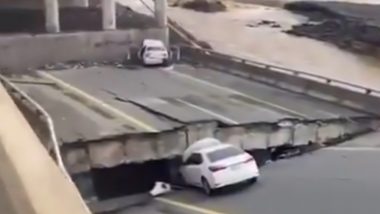 Saudi Arabia Bridge Collapse: Cars Get Stuck on Highway After Bridge Collapses in Jizan Amid Heavy Rainfall and Massive Flooding (Watch Video)