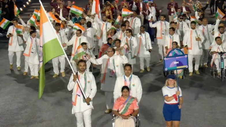 Sumit Antil, Bhagyashri Jadhav Lead Indian Contingent at Paris Paralympics 2024 Opening Ceremony (See Pics and Video)