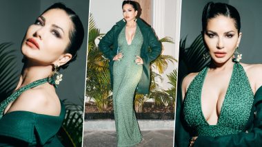 Sunny Leone Serves Glamour in a Sequinned Green Gown Paired With a Statement-Making Leather Jacket (View Pictures)