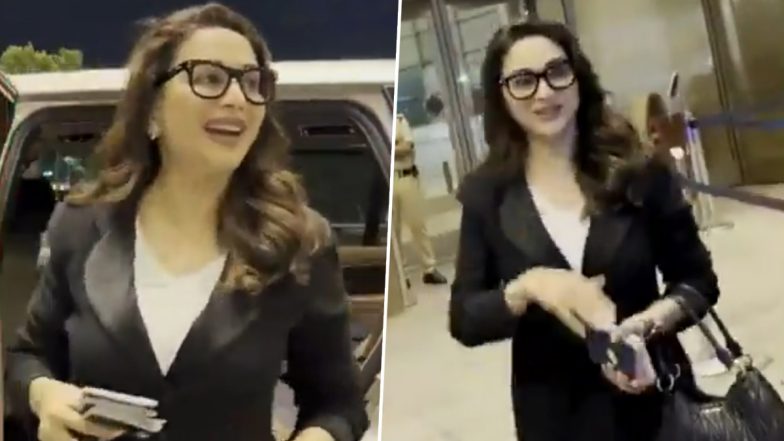 Madhuri Dixit Dazzles in All-Black Outfit at Mumbai Airport As She Heads to USA for ‘The Forever Queen of Bollywood’ Tour (Watch Video)