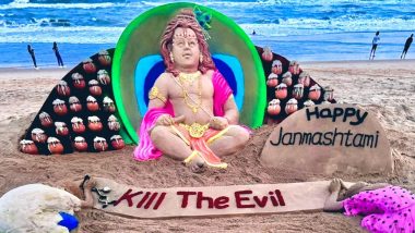 Krishna Janmashtami 2024 Sand Art: Sudarsan Pattnaik Makes Sand Sculpture of Krishna on Occasion of Janmashtami With Message ‘Kill the Evil’ at Puri Beach (See Pic and Video)