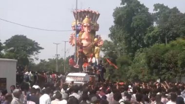 Ganesh Visarjan 2024: Shobayatra of Hyderabad’s 70-Foot Tall Ganpati Idol Underway in Hussain Sagar Lake Area Amid Tight Security (Watch Video)