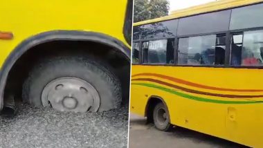 Gandhinagar Bus Video: School Bus Carrying Children Gets Stuck in Pothole in Gujarat, Pulled Out by JCB; No Injures Reported