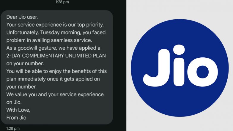 Jio Offering 2 Days Complimentary Unlimited Plans to Users After Recent Outage, Netizen Share Screenshots of Receiving Message