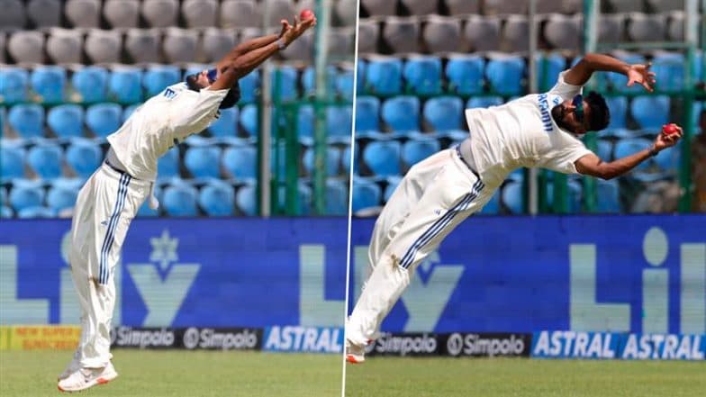 Mohammed Siraj Showcases Remarkable Athleticism Stretching Fully to Take Shakib Al Hasan’s Catch Off Ravi Ashwin’s Bowling on Day 4 of IND vs BAN 2nd Test 2024 (Watch Video)