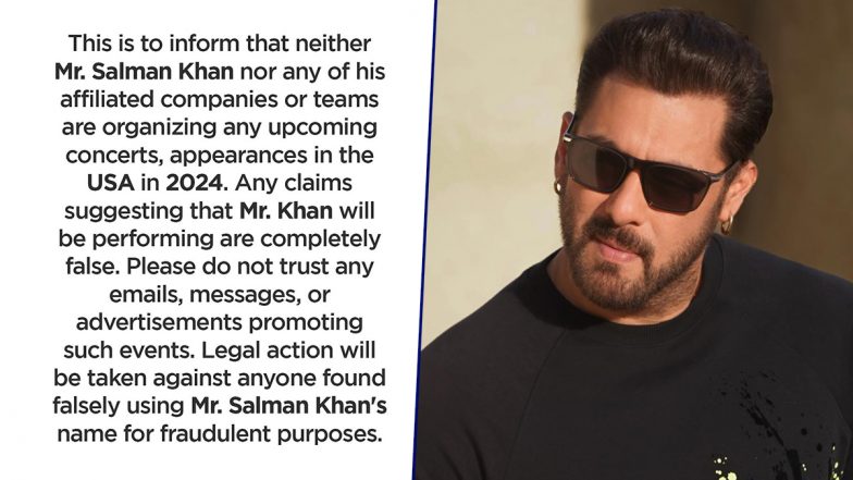 Salman Khan Issues Statement To Alert Fans About Fake Show in USA, Threatens Legal Action Against Fraudulent Groups Using His Name (See Post)