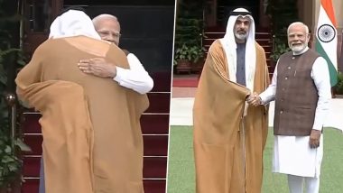 PM Narendra Modi Welcomes Abu Dhabi Crown Prince Sheikh Khaled Bin Mohamed bin Zayed Al Nahyan With Warm Hug at Hyderabad House in Delhi (Watch Video)