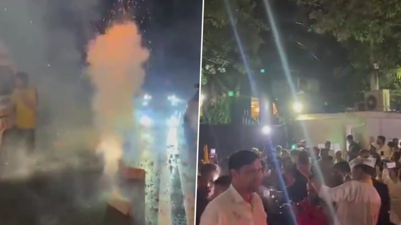 Arvind Kejriwal Released From Tihar Jail: AAP Supporters Burst Firecrackers, Dance to Beats of Dhol-Tasha Outside Delhi CM Residence (Watch Video)