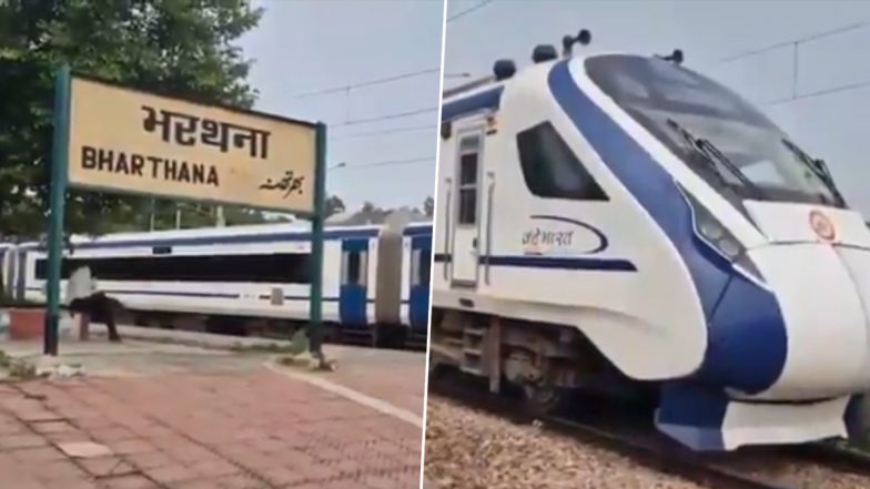 Uttar Pradesh: Vande Bharat Express Travelling From Delhi to Varanasi Halted for Over 1 Hour Near Etawah Due to Engine Failure, Towed Away by Old Engine (Watch Videos)